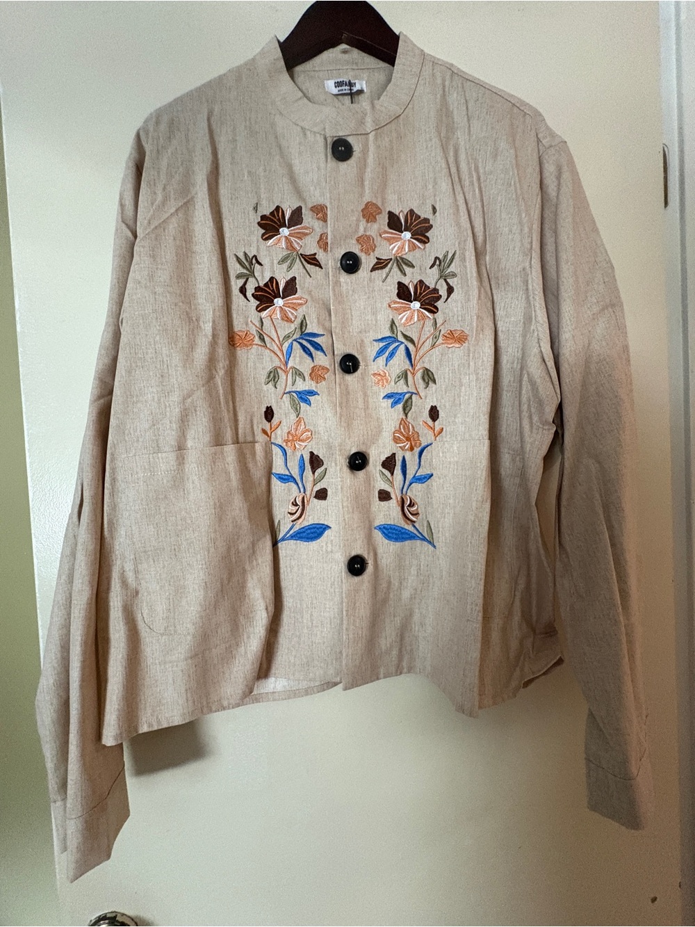 Beige Embroidered Linen Button-Down Shirt Men’s Top